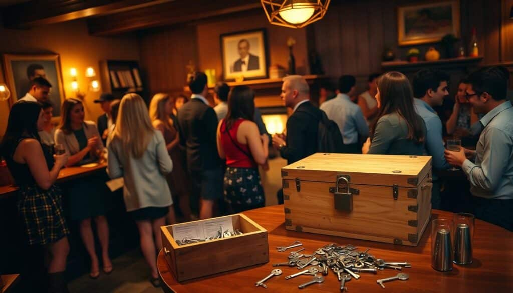 A cozy, well-lit room filled with singles mingling and chatting over drinks. In the foreground, a table with a large padlocked box and scattered keys, inviting guests to "unlock" their potential matches. The middle ground shows groups of people engaged in lively conversation, their body language suggesting playful flirtation. The background features tasteful decor, perhaps a fireplace or bookshelves, creating an intimate, relaxed atmosphere. Warm lighting casts a soft glow, accentuating the friendly, welcoming mood of the "Lock and Key" singles event.