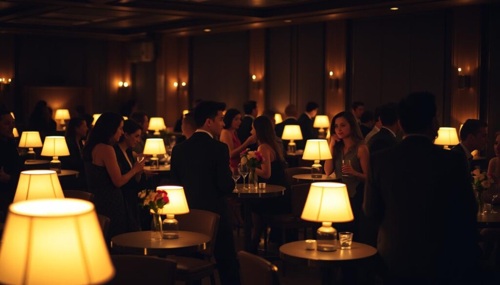 A dimly lit room filled with the warm glow of table lamps, setting an intimate atmosphere for a speed dating event. Clusters of small tables scattered throughout, each adorned with a simple vase of fresh flowers. Smartly dressed individuals engage in lively conversation, their expressions animated as they make quick introductions. The air is charged with a sense of anticipation and excitement, as potential connections are explored in a cozy, relaxed setting. A shallow depth of field captures the focus on the foreground interactions, while the background fades into a soft, inviting blur. An ambient soundtrack of gentle jazz plays in the background, complementing the mood.