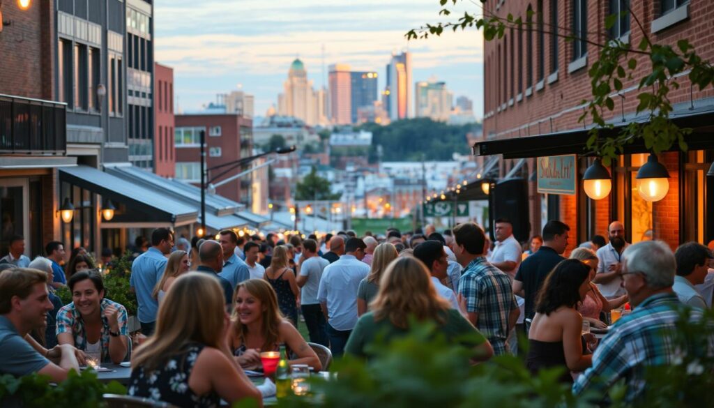 a bustling social scene in nearby cities in Indiana, capturing the vibrant energy and diverse activities of the local community. In the foreground, a group of people engaged in lively conversation and laughter at an outdoor cafe, surrounded by a mix of modern and historic architecture. In the middle ground, a crowd gathered around a live music performance, with couples swaying to the rhythm. In the background, the skyline of a neighboring city, illuminated by the warm glow of the setting sun, creating a cozy and inviting atmosphere. The scene is captured with a wide-angle lens, emphasizing the sense of community and connection, with soft, diffused lighting that enhances the natural ambiance.
