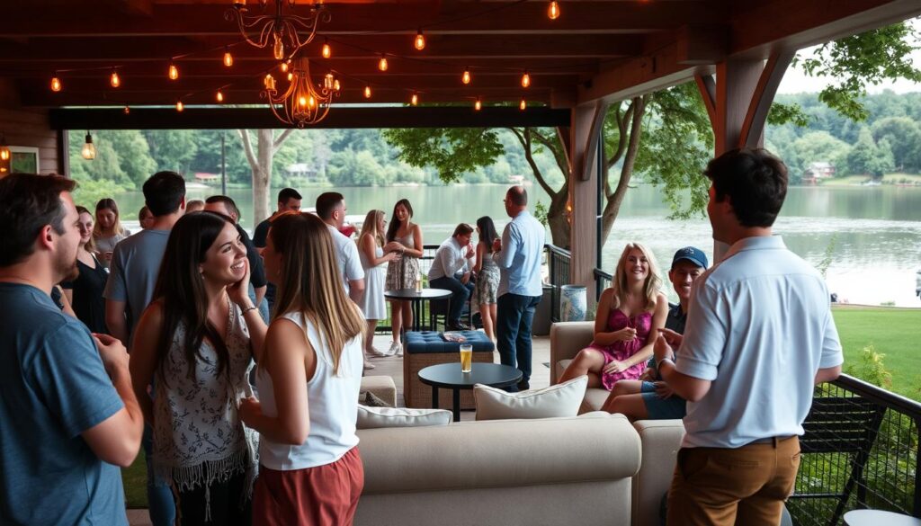 A vibrant social gathering at Cedar Lake, Indiana. In the foreground, singles mingle and converse animatedly, their faces lit by the warm glow of ambient lighting. The middle ground showcases a cozy, intimate setup with comfy sofas and small tables, encouraging easy interaction. In the background, the picturesque lake and verdant surroundings create a serene, natural backdrop, reflecting the laidback vibe of the event. A soft, romantic atmosphere pervades the scene, captured by a wide-angle lens to convey a sense of welcoming community. The overall mood is one of relaxed sociability, setting the stage for potential connections to blossom.