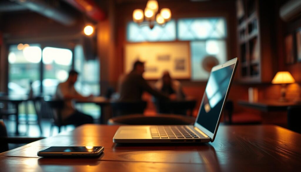 A cozy, dimly-lit cafe setting with a warm, inviting atmosphere. In the foreground, a wooden table with a laptop and smartphone, representing the online dating experience. Soft, flattering lighting illuminates the scene, creating a romantic, intimate mood. In the background, the blurred silhouettes of other cafe patrons, suggesting a sense of community and social connection. The overall composition conveys the idea of Iowa singles finding love and companionship through the convenience of online dating.