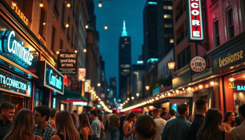 A bustling city street at dusk, with neon-lit cafes and bars lining the sidewalks. In the foreground, groups of young professionals mingle and engage in animated conversation, their faces lit by the warm glow of overhead string lights. In the middle ground, a sign for a local speed dating event beckons passersby, offering the promise of new connections. The background is a hazy blur of skyscrapers and twinkling city lights, creating a vibrant, energetic atmosphere. The image is captured with a wide-angle lens, giving a sense of depth and immersion, and the lighting is a mix of natural and artificial, casting long shadows and creating a cozy, inviting ambiance.