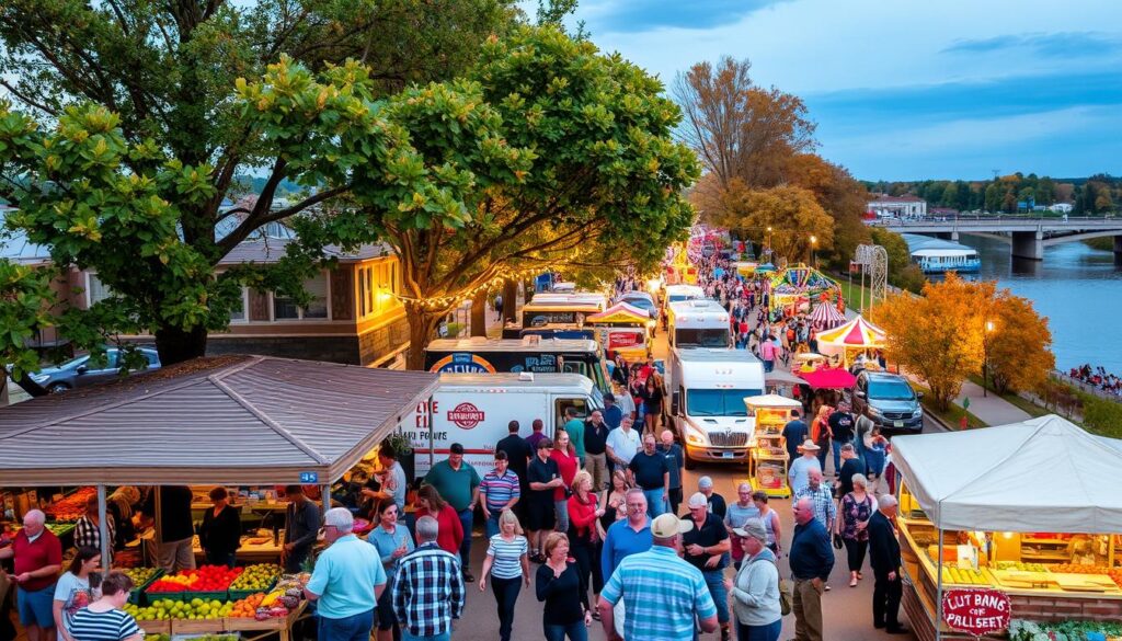 Ottumwa seasonal events: a vibrant panorama of outdoor festivities and local traditions. In the foreground, a bustling farmer's market overflows with fresh produce and handcrafted wares, residents mingling amidst the colorful stalls. The middle ground captures a lively street fair, with food trucks, live music, and an array of carnival rides casting a joyful glow. In the background, the scenic Ottumwa Riverwalk frames the scene, its tree-lined banks adorned with twinkling lights and the golden hues of autumn foliage. The warm, inviting atmosphere captures the spirit of Ottumwa's cherished seasonal celebrations, perfect for singles seeking to immerse themselves in the community's lively social calendar.