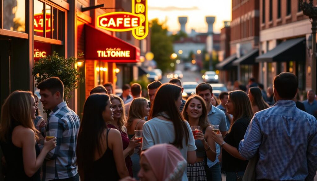 A bustling city street in North Liberty, Iowa, bathed in warm evening light. In the foreground, a group of young professionals mingling at a lively speed dating event, drinks in hand and laughter filling the air. The middle ground features the facade of a trendy local cafe, its neon sign casting a vibrant glow. In the background, the silhouettes of surrounding buildings and the faint outline of the Iowa City skyline set the scene. A soft bokeh effect creates a sense of depth and intimacy, drawing the viewer's eye to the engaging social gathering at the heart of the image.