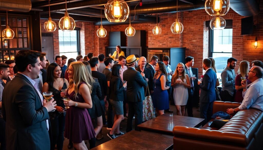 A lively singles event in downtown Des Moines, Iowa, where young professionals gather in a trendy bar, sipping craft cocktails and mingling under the warm glow of Edison bulbs. In the foreground, groups of smartly dressed men and women engage in animated conversation, their expressions lively and welcoming. The middle ground features a stylish lounge area with plush leather sofas and low tables, providing cozy nooks for intimate chats. In the background, the bar's contemporary decor, with its exposed brick walls and sleek metal accents, sets the tone for a vibrant, modern atmosphere. Soft jazz music plays in the background, creating a welcoming and relaxed vibe that encourages new connections.