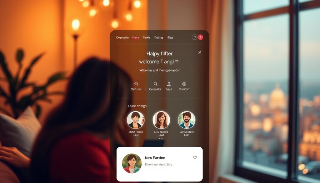 A cozy yet modern online dating interface, with a warm, welcoming atmosphere. In the foreground, a stylized couple's profile photos, gently framed by elegant typography and UI elements. The middle ground features a clean, minimalist layout, with intuitive navigation and filtering options. In the background, a soft, blurred cityscape, hinting at the excitement and possibilities of finding connections in the digital age. The overall mood is one of optimism, intimacy, and the promise of new beginnings.