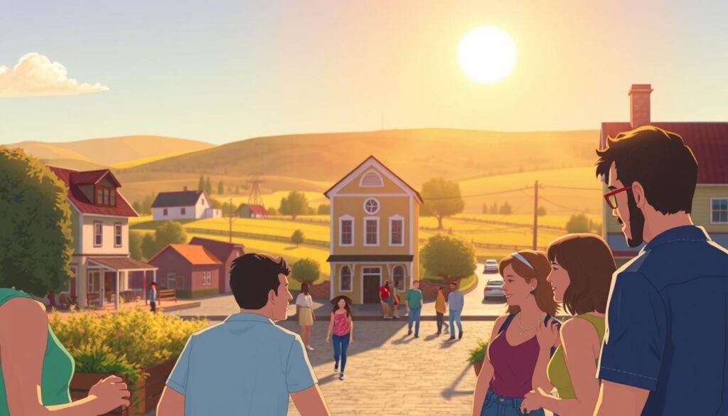 A vibrant illustration of a serene rural town square, bathed in warm afternoon sunlight. In the foreground, a group of friends are engaged in lively conversation, their body language and expressions conveying a sense of genuine connection. In the middle ground, a quaint town hall stands, its timeless architecture hinting at the community's history and traditions. In the background, rolling hills and a picturesque country scene set the stage for a peaceful, small-town atmosphere. The overall mood is one of tranquility, authenticity, and the joys of face-to-face interaction, perfectly capturing the essence of an online dating alternative in the heartland of America.