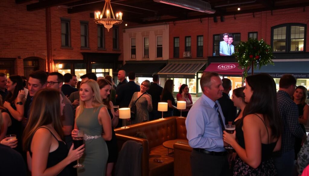 A lively singles event in the charming town of El Dorado, Kansas. In the foreground, stylishly dressed people mingle and converse, drinks in hand, their faces lit by warm, soft lighting. The middle ground features a cozy lounge setup with plush seating and tasteful decorations, creating an inviting atmosphere. In the background, the historic brick buildings of El Dorado's downtown district provide a vibrant, small-town backdrop, hinting at the community's character. The scene conveys an energetic, yet intimate vibe, perfectly capturing the appeal of speed dating in this Midwestern locale.