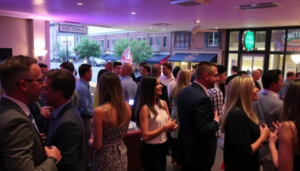 A cozy, well-lit event space in Fort Thomas, Kentucky, set the stage for a professional singles mixer. In the foreground, smartly dressed men and women converse animatedly, their expressions warm and engaged. The middle ground features modern furnishings and decor, creating an inviting atmosphere. The background showcases the charming downtown streetscape of Fort Thomas, with its quaint shops and restaurants providing a picturesque backdrop. Soft lighting casts a flattering glow, while a wide-angle lens captures the vibrant energy and potential connections of this intimate gathering of eligible singles.