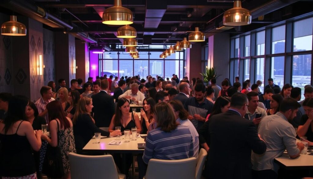 A bustling speed dating event in a stylish urban setting, with singles mingling around high-top tables under the warm glow of pendant lights. In the foreground, groups of people engaged in lively conversation, their faces alight with anticipation and a hint of nervous energy. In the middle ground, the event space unfolds, with decorative touches that evoke a sense of sophistication - sleek furniture, geometric wall patterns, and a mix of moody lighting and natural illumination from large windows. The background frames the scene, suggesting a lively city landscape just outside, hinting at the broader social opportunities available in nearby metropolitan areas.