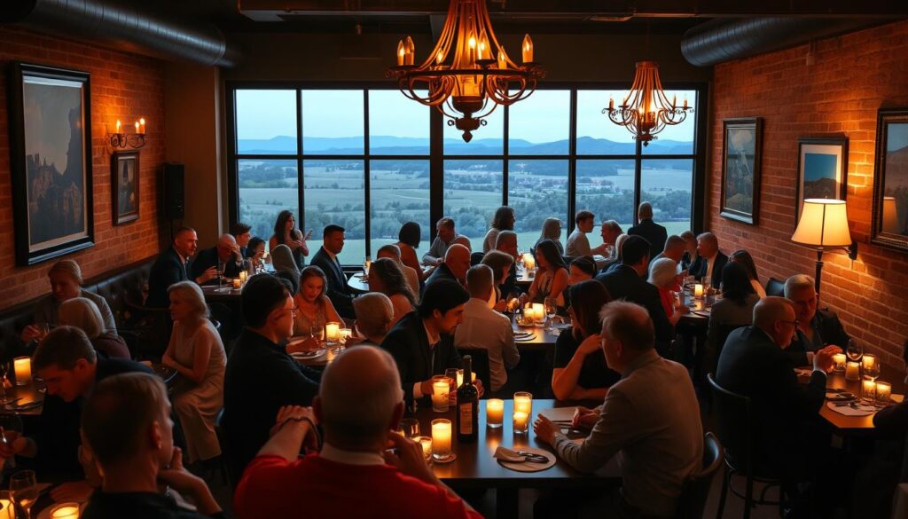 A bustling speed dating event in the heart of Somerset, Kentucky. In the well-lit, cozy lounge, singles mingle and make connections under the warm glow of vintage chandeliers. Soft jazz plays in the background, creating an intimate atmosphere. Elegantly dressed guests sit across intimate tables, engaged in lively conversations, their faces lit by the flickering candlelight. The walls are adorned with rustic exposed brick and framed local artwork, reflecting the charming character of the town. Through the large windows, the rolling hills of the Somerset countryside can be seen in the distance, adding to the picturesque setting. A professional photographer captures the energy and excitement of the evening, their camera's lens capturing the genuine moments of connection.