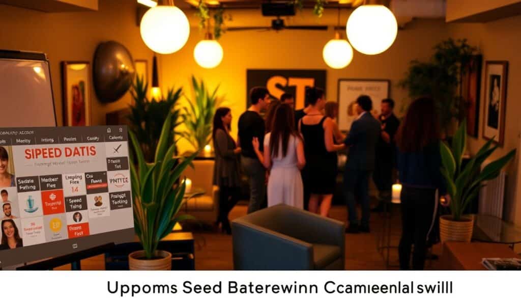 A cozy community event space in Campbellsville, Kentucky, bathed in warm lighting. The foreground features a sleek event calendar displaying upcoming speed dating meetups, with stylish icons and graphics. The middle ground showcases a stylish crowd mingling and interacting, their faces alight with anticipation. In the background, the space is decorated with modern furnishings, plants, and artwork, creating an inviting and sophisticated atmosphere. The overall scene conveys a sense of excitement and social connection, perfectly capturing the spirit of the "Upcoming Speed Dating Events in Campbellsville" section.