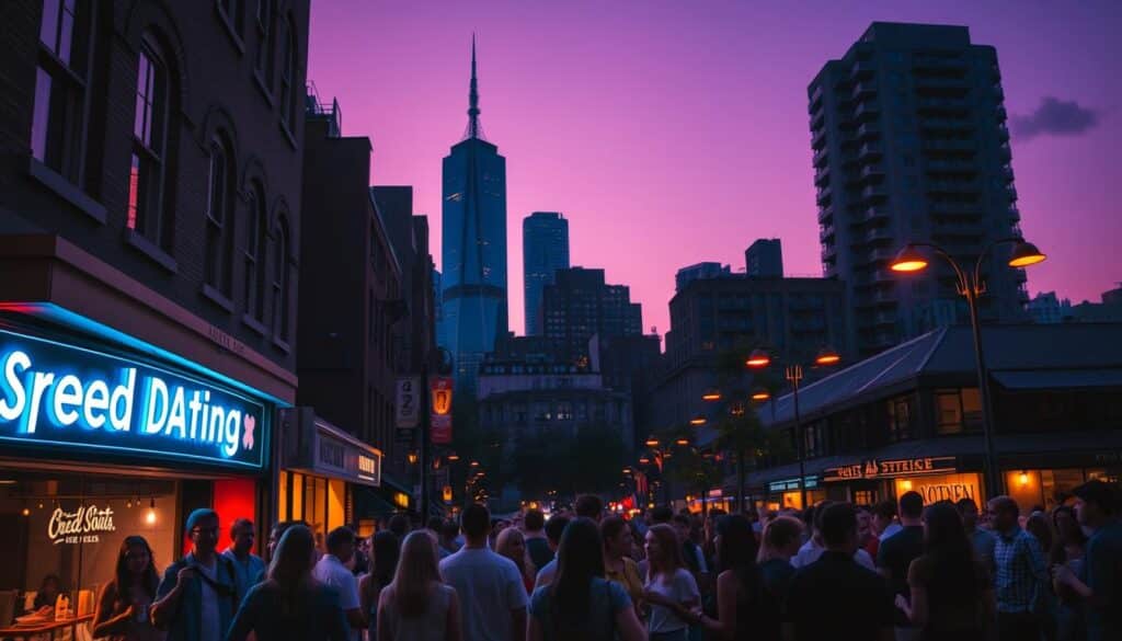 A bustling city street at twilight, dimly lit by warm streetlamps. In the foreground, a group of young professionals mingles around a neon-lit storefront, the windows displaying a "Speed Dating" sign. The crowd is casually dressed, some holding drinks, others engaged in animated conversations. The middle ground features neighboring shops and cafes, their facades adorned with subtle retro-inspired signage. In the background, the silhouettes of skyscrapers and apartment buildings rise against a dusky purple sky, the scene bathed in a soft, atmospheric glow. A sense of youthful energy and urban vibrancy pervades the scene, inviting the viewer to imagine the stories and connections unfolding within.