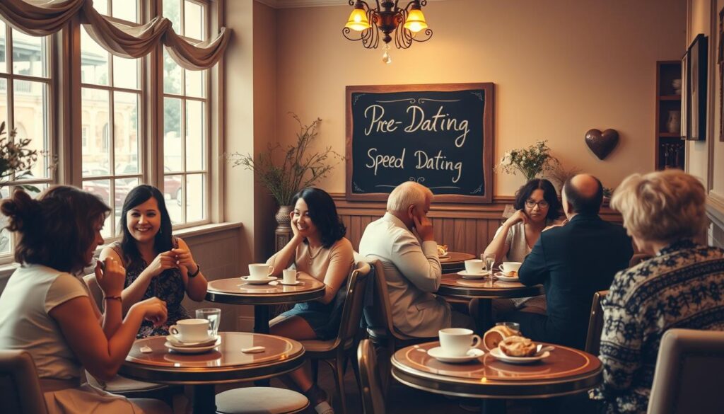 A cozy cafe setting, dimly lit with warm amber tones. A group of people seated at small round tables, engaged in lively conversation over cups of coffee and plates of pastries. The atmosphere is relaxed and friendly, with a touch of anticipation in the air. In the background, a chalkboard sign announces "Pre-Dating Speed Dating Event" in elegant script. The decor features vintage-inspired furnishings, soft fabric textures, and subtle floral accents, creating a charming and inviting ambiance. Soft, natural lighting filters in through large windows, casting a gentle glow over the scene. The overall impression is one of a welcoming, low-pressure social gathering, where people can mingle and connect in a comfortable, pre-dating setting.