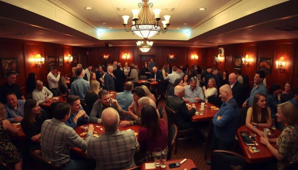 A bustling speed dating event in the heart of Norwalk, Iowa. In the warmly lit room, groups of singles mingle and chat animatedly, making new connections under the watchful gaze of a vintage-inspired chandelier. The atmosphere is electric, with laughter and nervous excitement filling the air. Couples sit across intimate tables, engaged in lively conversation, while others move between groups, their faces alight with the thrill of the experience. Soft background music and the gentle hum of conversation create a cozy, inviting ambiance. The event is captured from a slightly elevated angle, giving a panoramic view of the dynamic scene unfolding below.