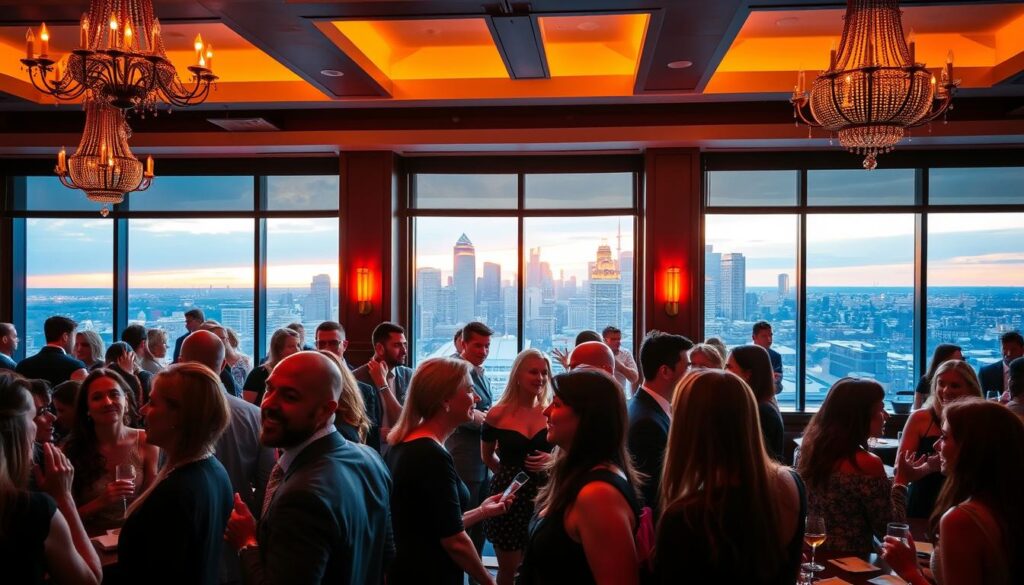 A bustling speed dating event in Des Moines, Iowa, with a warm, inviting atmosphere. The foreground features a group of stylishly dressed men and women engaged in lively conversations, their faces filled with anticipation and excitement. In the middle ground, the venue's elegant decor is visible - chandeliers, plush seating, and a sleek bar area. The background showcases the vibrant city skyline through large windows, bathed in the golden glow of the setting sun. The lighting is soft and flattering, creating a romantic ambiance that sets the tone for a successful evening of making new connections.