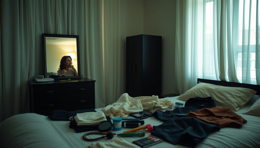 A dimly lit bedroom, soft ambient light filtering through sheer curtains. On the bed, an array of carefully selected outfits, grooming tools, and accessories laid out meticulously. A mirror reflects the thoughtful expression of a person preparing for a speed dating event, mentally rehearsing conversation starters and practicing confident body language. The atmosphere exudes a sense of anticipation and determination, as the subject meticulously ensures they are presentable, personable, and ready to make a lasting impression.