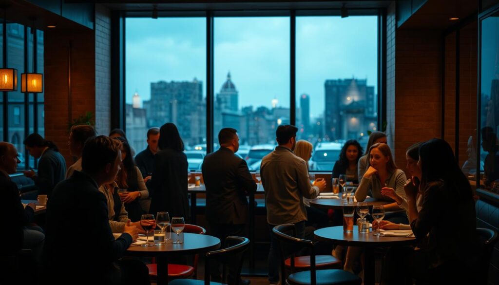 A dimly lit, cozy cafe interior with warm lighting and a sociable ambiance. In the foreground, a group of diverse young professionals engaged in lively conversation, their body language conveying a sense of confidence and connection. In the middle ground, small round tables with simple, elegant place settings, creating an inviting, intimate setting for meaningful interactions. The background features a subtle cityscape view through large windows, hinting at the urban context while maintaining a focus on the interpersonal dynamics within the space. The overall scene exudes an air of productive, yet relaxed energy, capturing the essence of a successful speed dating experience.
