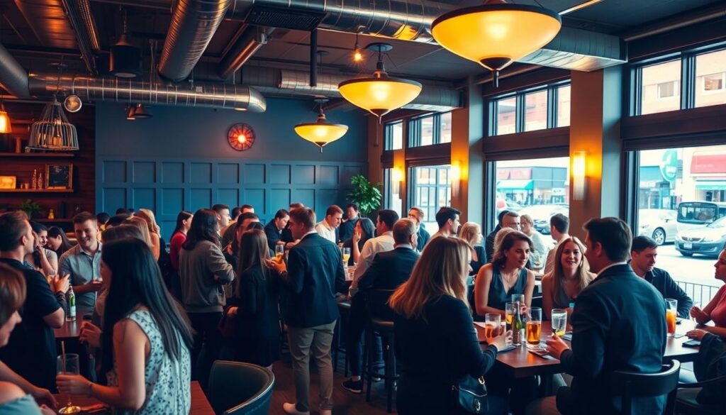 A modern, artistically lit interior scene of a bustling speed dating event at Grille Sandy, a popular restaurant in Cartersville, Georgia. In the foreground, groups of stylishly dressed young adults mingle and converse over drinks, their faces illuminated by warm, inviting lighting. In the middle ground, the restaurant's cozy, blue-toned decor and furnishings create a relaxed, intimate atmosphere. In the background, the restaurant's large windows offer glimpses of the city streets outside, hinting at the vibrant energy of the local community. The overall scene conveys a sense of friendly, casual connection - the perfect setting for a memorable speed dating experience.