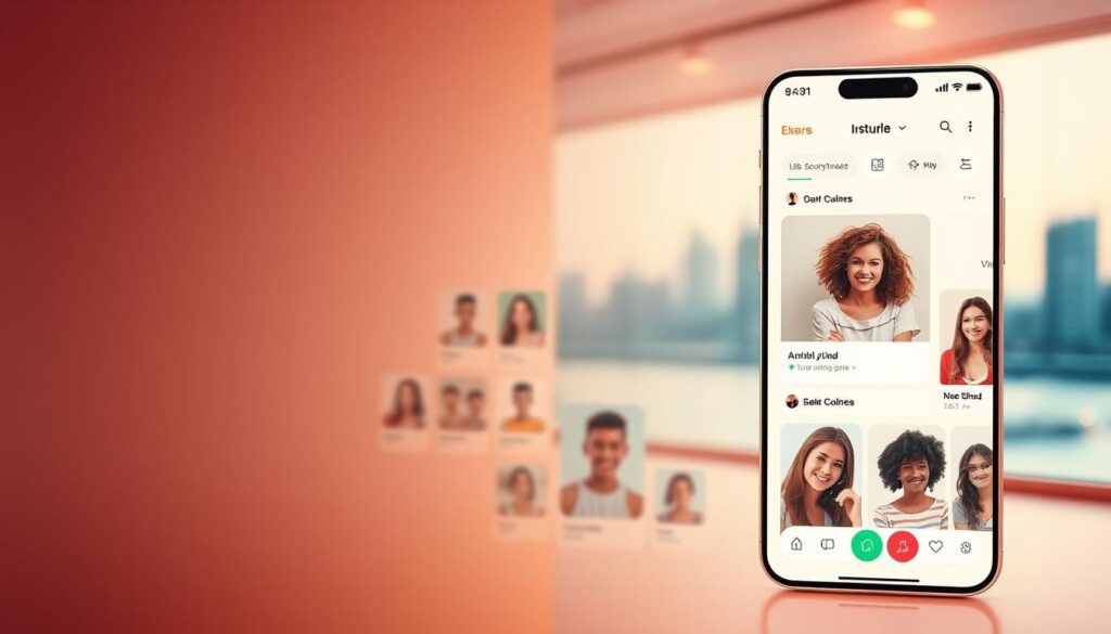 A clean, modern, and inviting dating app interface with a warm, soft lighting scheme. The foreground showcases a vibrant and user-friendly dashboard with clean typography, intuitive navigation, and tasteful iconography. The middle ground features neatly arranged profile cards with subtle animations, showcasing diverse users in natural, candid poses. The background subtly fades into a blurred, out-of-focus city skyline, conveying a sense of urban sophistication. The overall atmosphere is one of effortless connectivity, inclusivity, and the promise of meaningful matches.